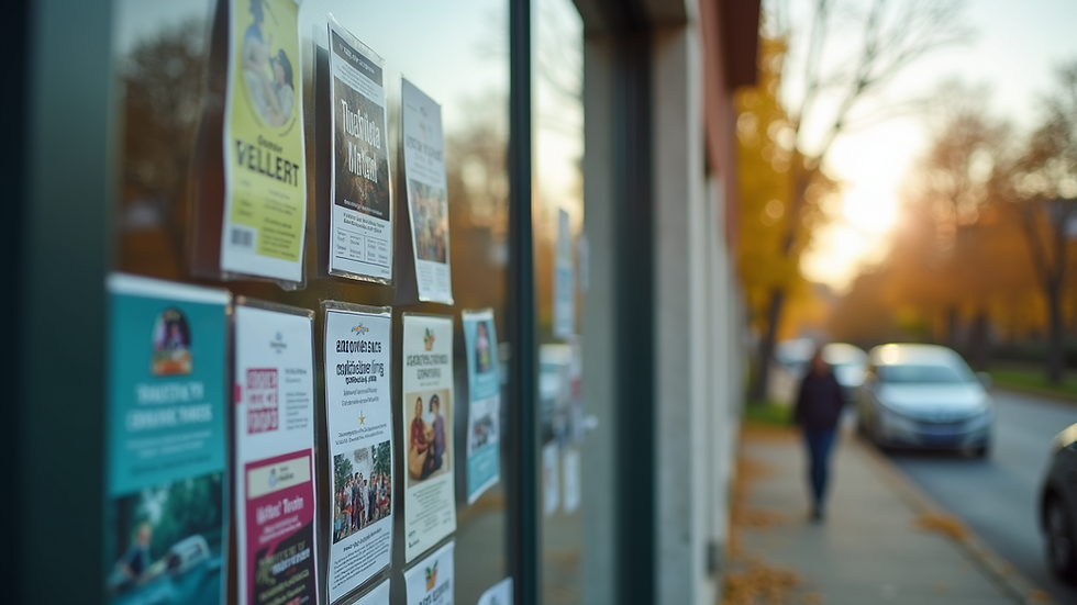 Close-up view of a community noticeboard with diverse event flyers