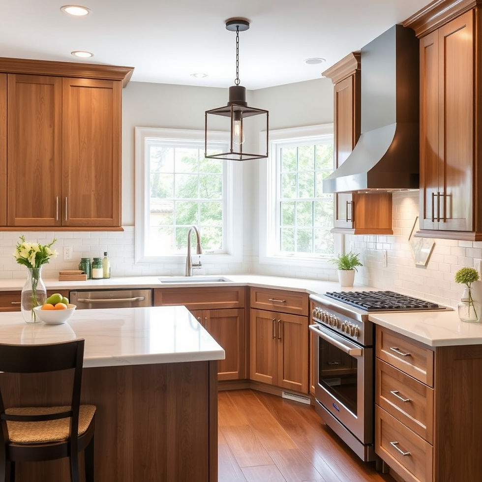 Newly remodeled kitchen with wood cabinets and white marble countertops.jpg