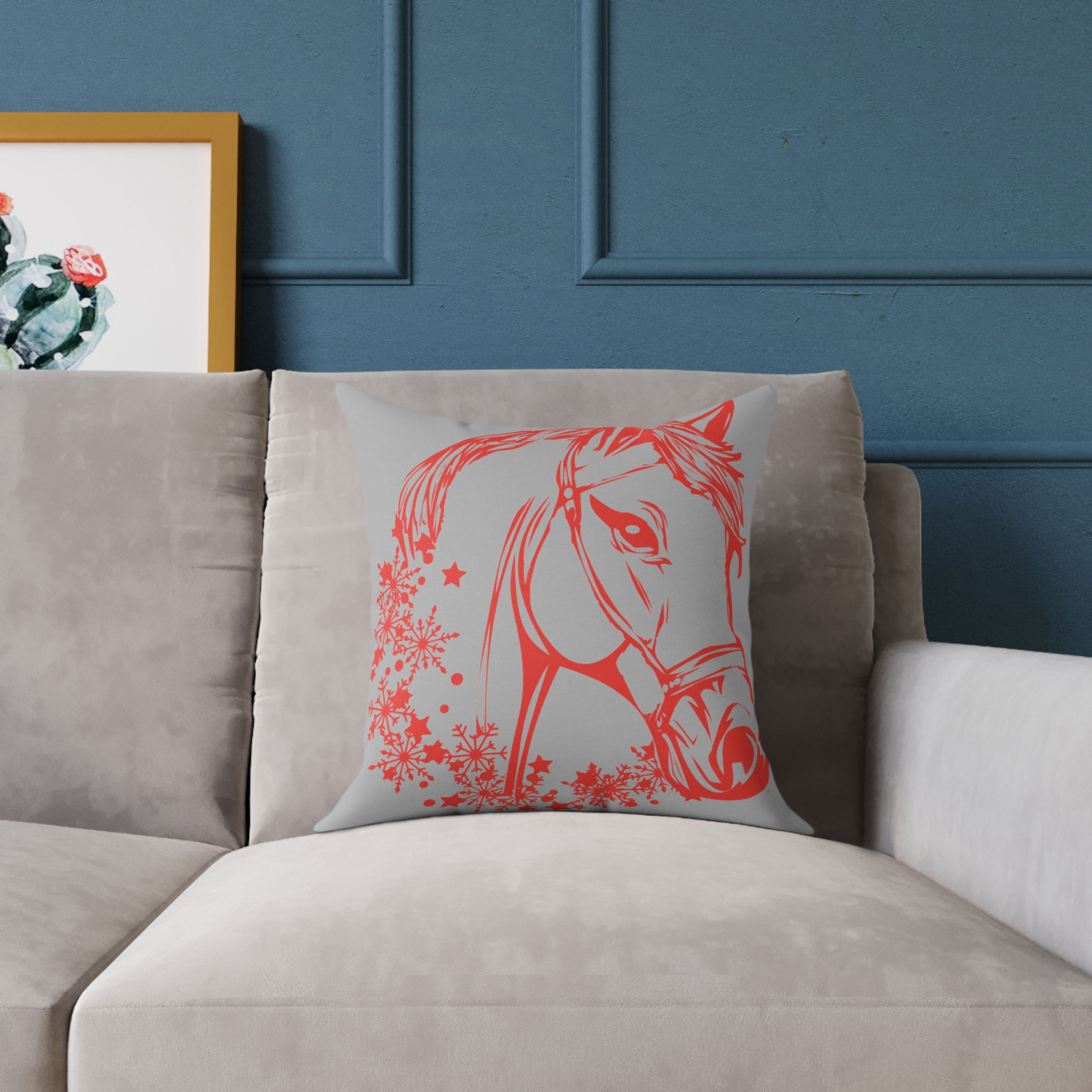 Holiday Horse 2025 Canvas Square Pillow – Grey with red