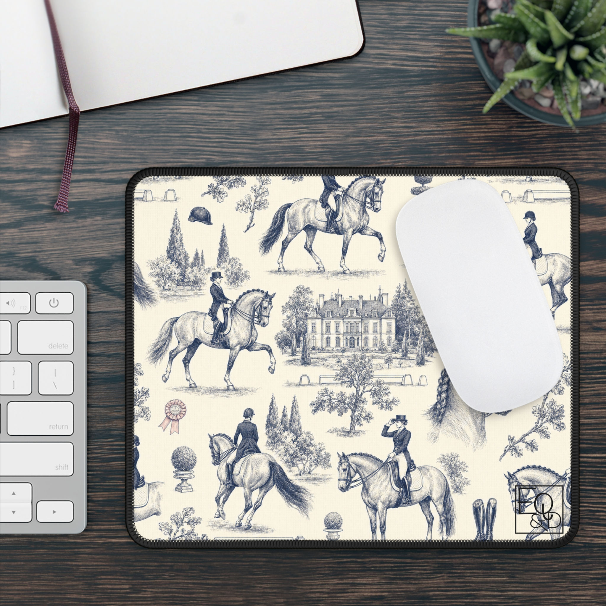 Equestrian Toile Mouse Pad — Vintage Dressage Riding Pattern