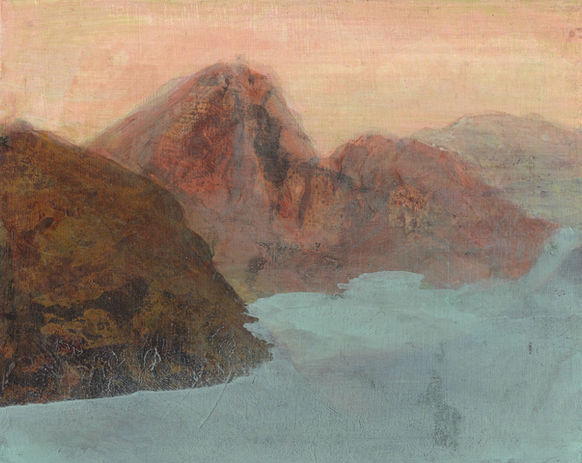Between mountains, acrylic on wood panel, landscape painting by Hanneke van Ryswyk
 