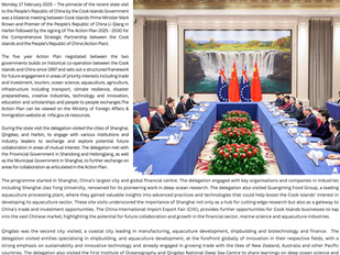 MFAI Media Release: Action Plan 2025-2030 provides framework for Cook Islands-China future co-operation. 