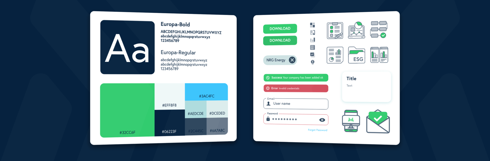 Motive design system with Europa typography brand color palette UI components and custom ESG iconography