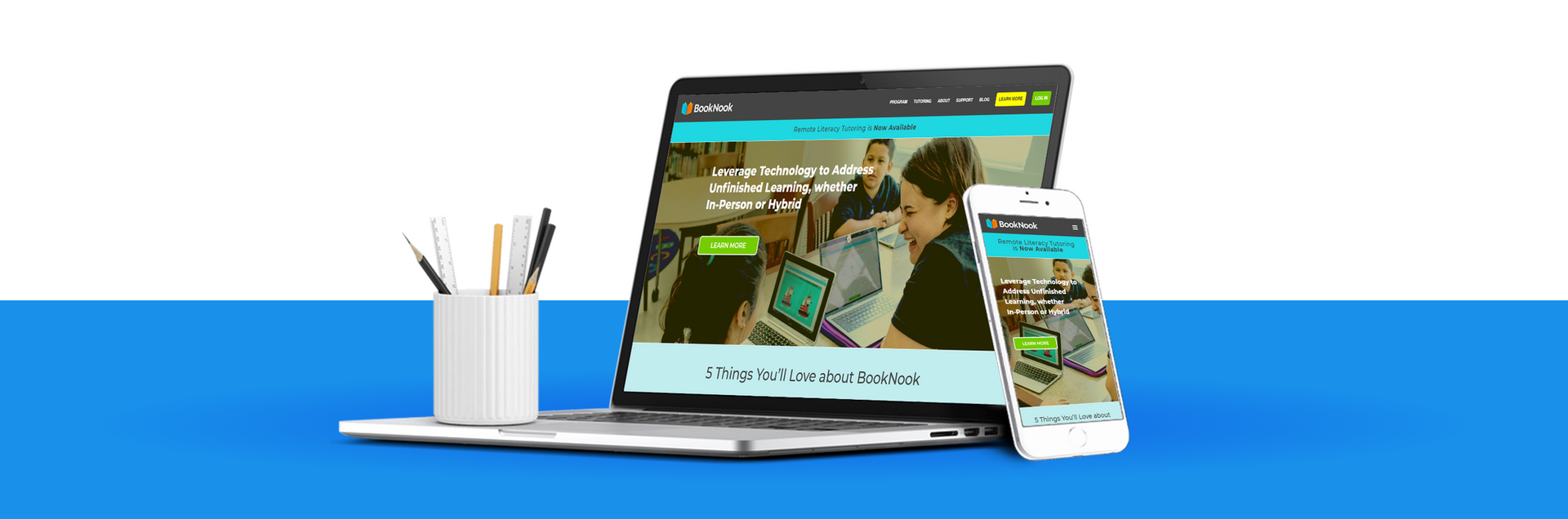 BookNook responsive website on desktop and mobile highlighting remote literacy tutoring platform built by PSh