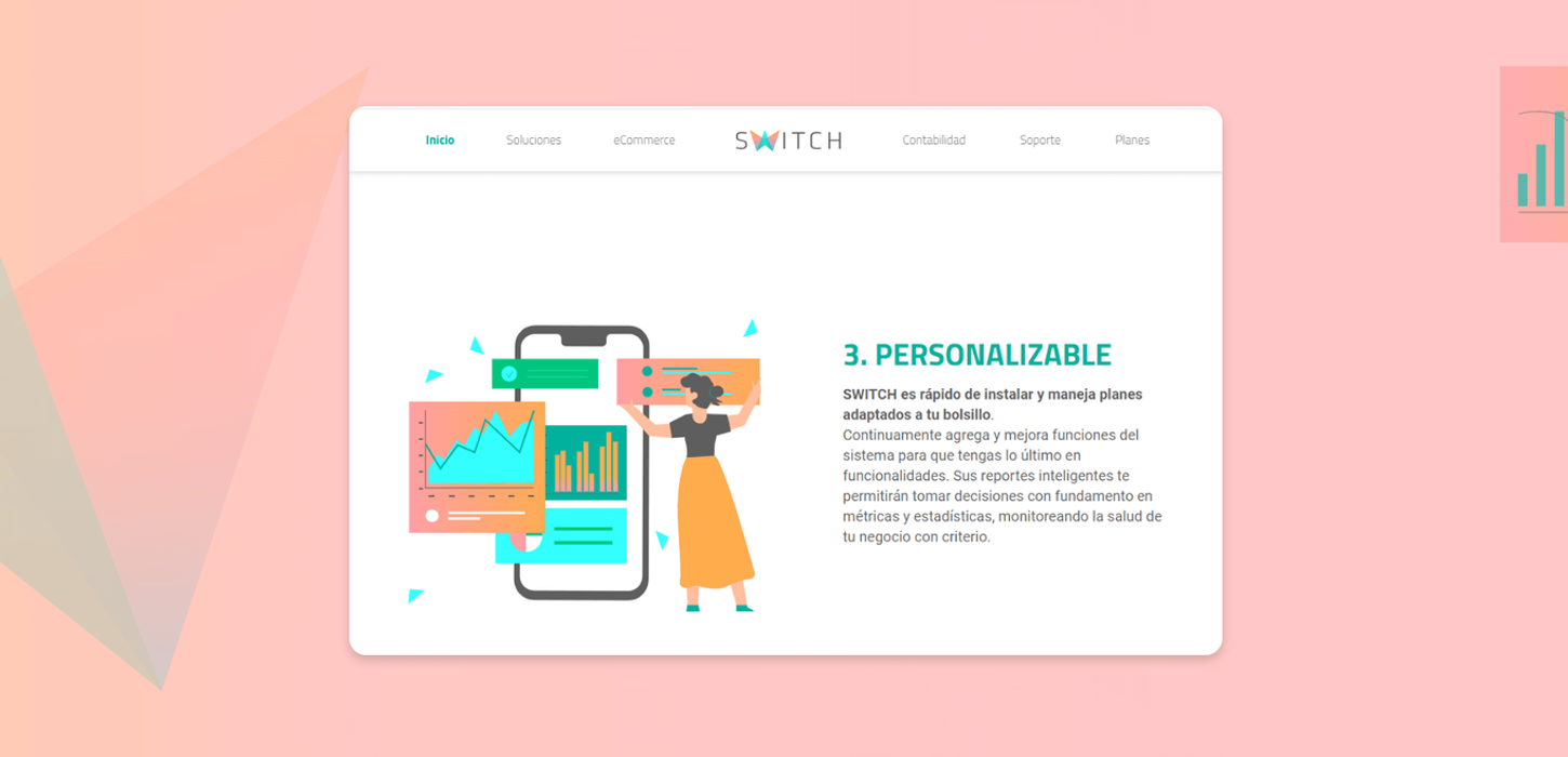 Switch Soft website feature section highlighting customizable reporting and smart analytics for business management