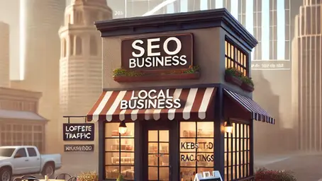 A small local business storefront in Houston with a rising SEO graph behind it