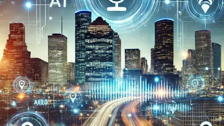 A digital illustration of the Houston skyline with futuristic AI, voice assistant, and Google Maps elements, representing the future of local SEO trends in 2025.