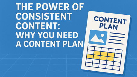 2D digital illustration titled ‘The Power of Consistent Content’ showing a notebook, pencil, and lightbulb icons above a silhouette of the Houston skyline on a light background.