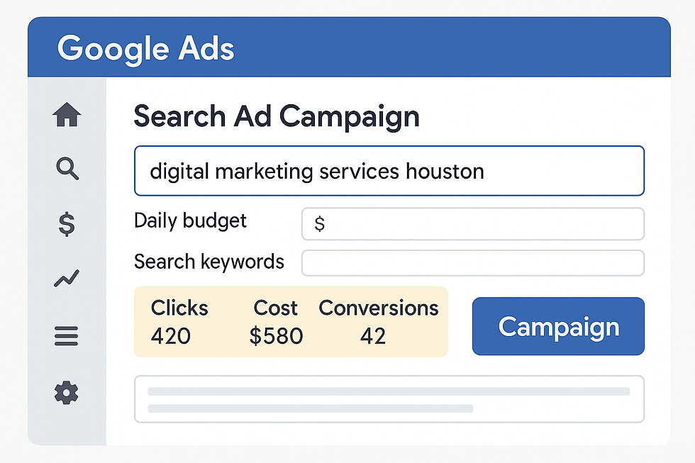 Illustration of a Google Search Ads campaign setup screen showing keyword targeting, budget fields, and performance metrics, demonstrating how small businesses configure search ads in Google Ads