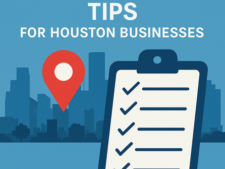 A flat-style illustration titled ‘5 DIY Local SEO Tips for Houston Businesses’ showing a clipboard with a checklist in front of a blue Houston skyline and a red map pin icon.