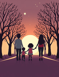 silhouette of the backside of a family walking down a long pathway with no trees or anythi