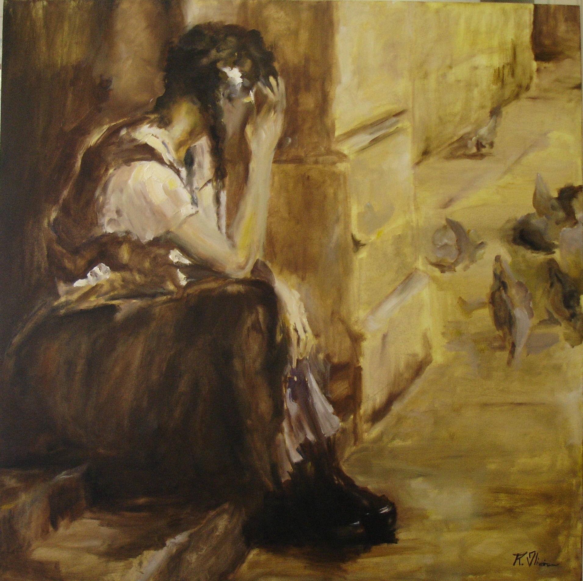 QUADRO DE PINTURA "MOÇA E POMBOS"