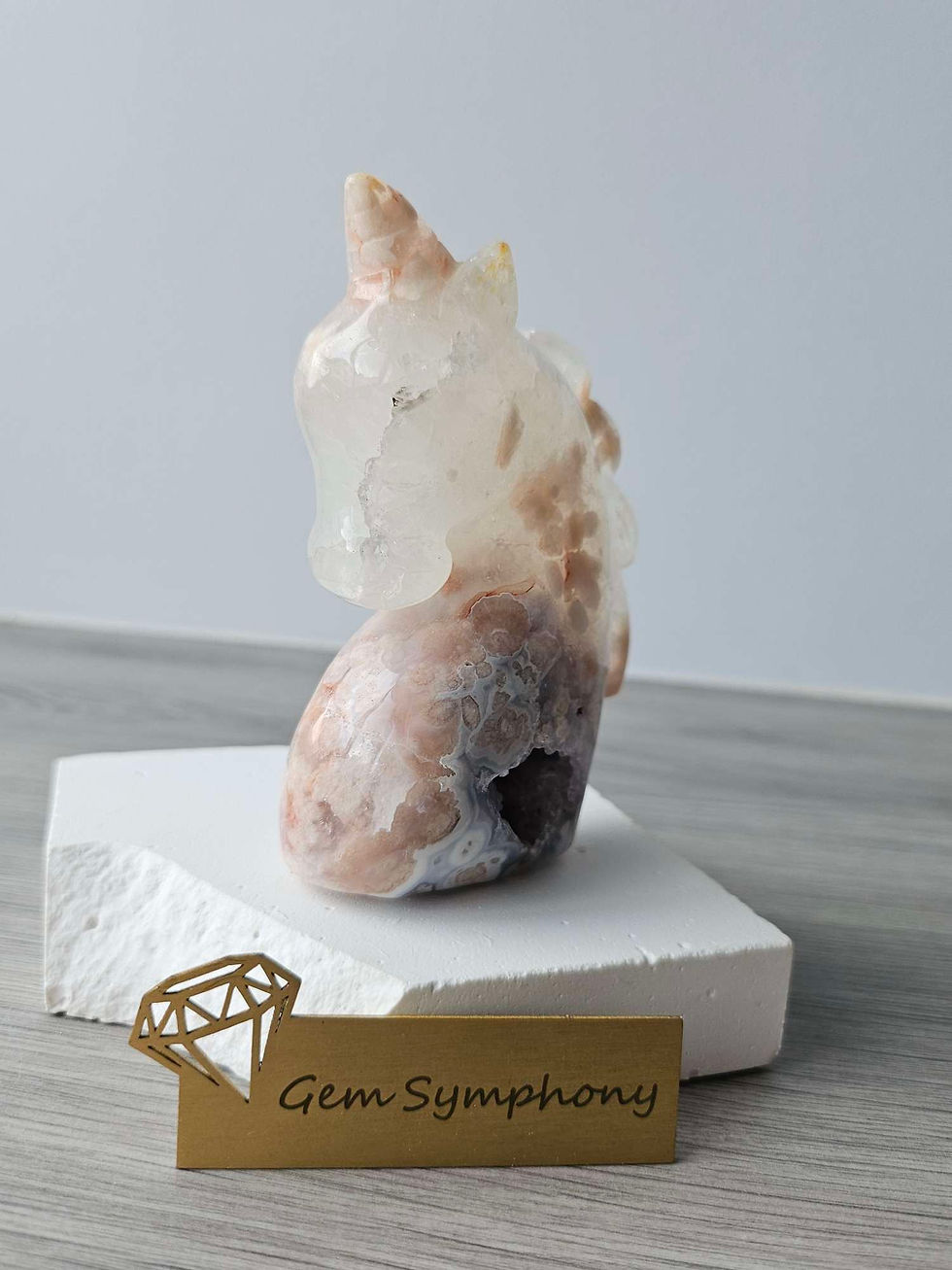 Thumbnail: Unicorn carved in Druzy Sakura Agate 268g H95mm