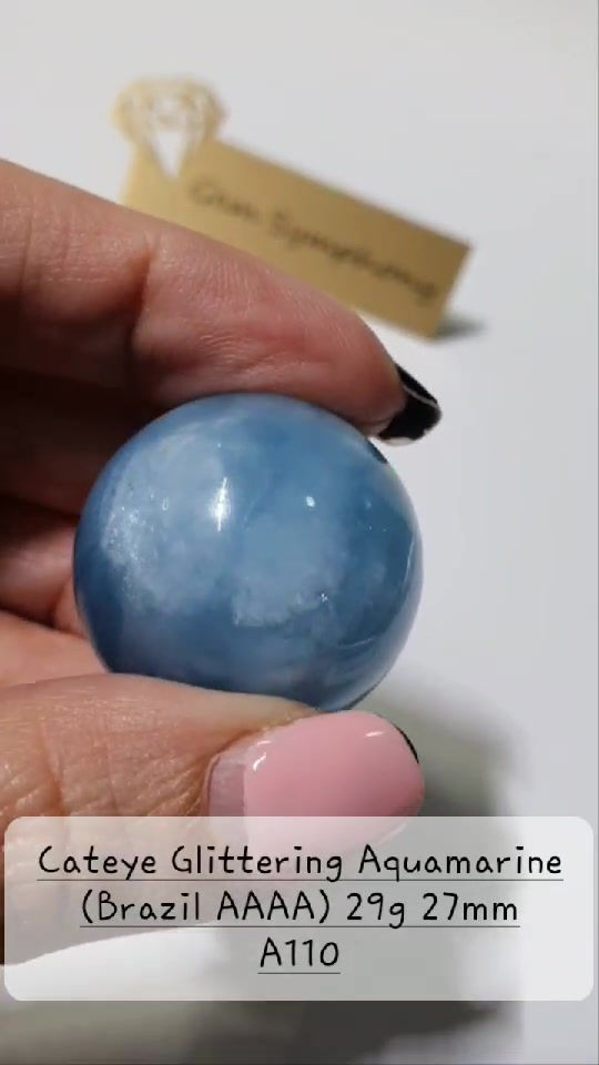 Thumbnail: Cateye Glittering Aquamarine (Brazil AAAA) 29g 27mm
