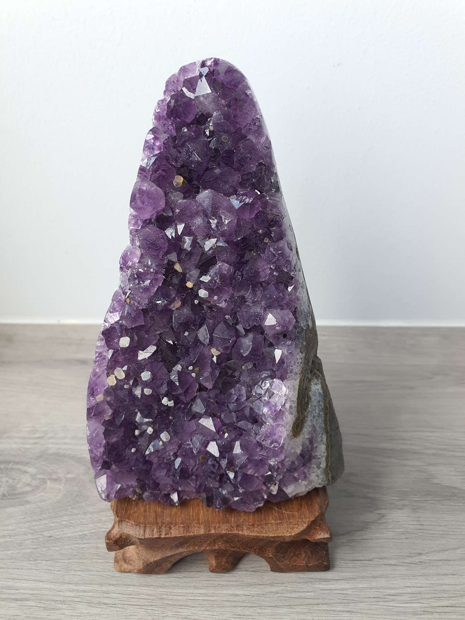 Brazilian Amethyst Druzy Geode with calcite and wooden stand