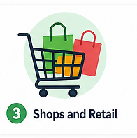 Grocery stores, mini-markets, super-markets, shops, spaza shops, clothing boutiques, thrift/second-hand clothing traders, electronics stores, phone repair shops, and general merchandise peddlers.