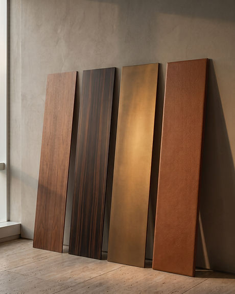 RMS One FlexFinish panels in walnut, Macassar ebony, bronze and leather, leaning against a plaster wall