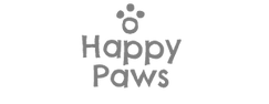 Happy Paws pet store logo with paw icon.