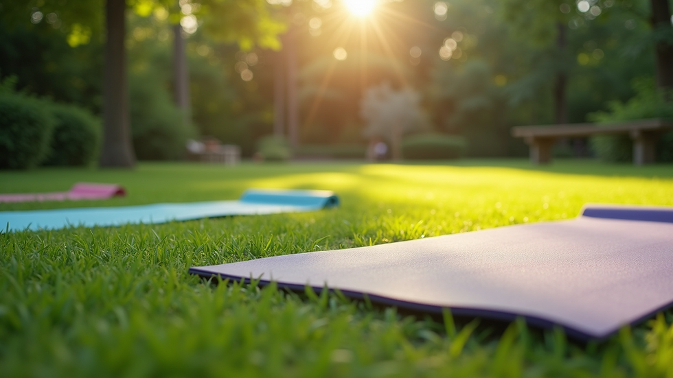 Eye-level view of a peaceful outdoor space with yoga mats spread out on lush grass