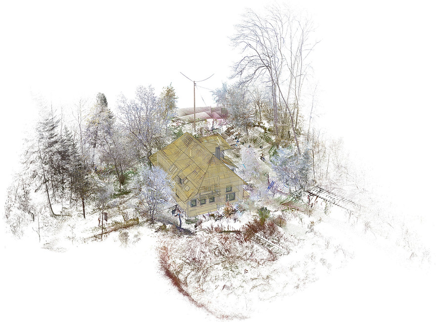 Punktwolke mit einer 3D Modellierung eines Hauses im Schwarzwald, die Punktwolke bildet den realen Zustand ab