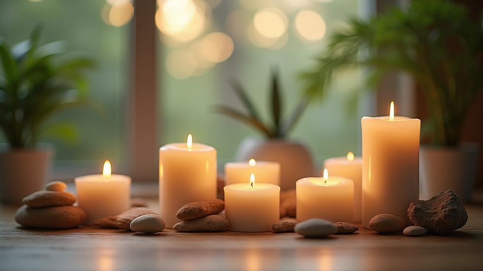Close-up view of a serene meditation space with candles and plants