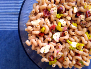 100th Post! Summer Sides: Pasta Salad with Fresh Mozzarella, Pepperoncini Peppers, Kumato Tomatoes,