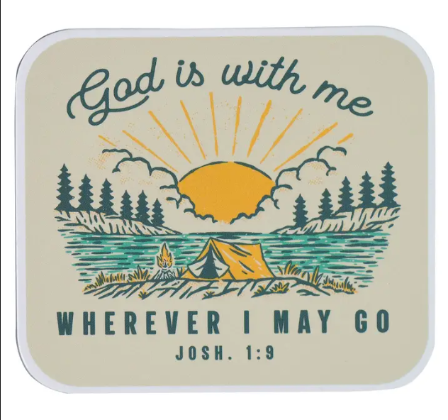 A 'God is with me' magnet from Joshua 1:9, featuring a retro camping scene with a tent and sunrise.