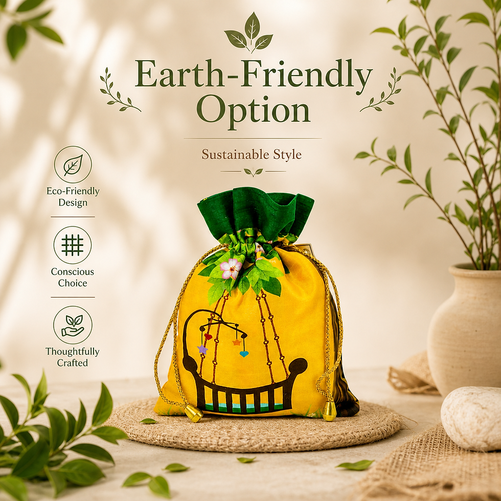 Thumbnail: Vibrant Yellow Baby Shower Potli Bag Silk Ethnic Pouch with Cute Cradle Print
