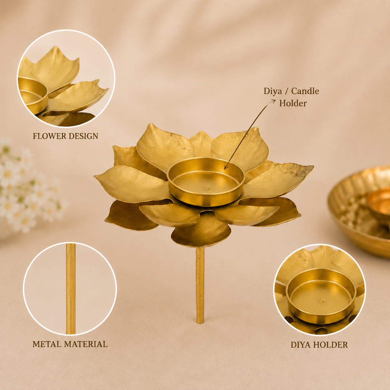 Lotus Tea Light Holder 22k Gold Plated