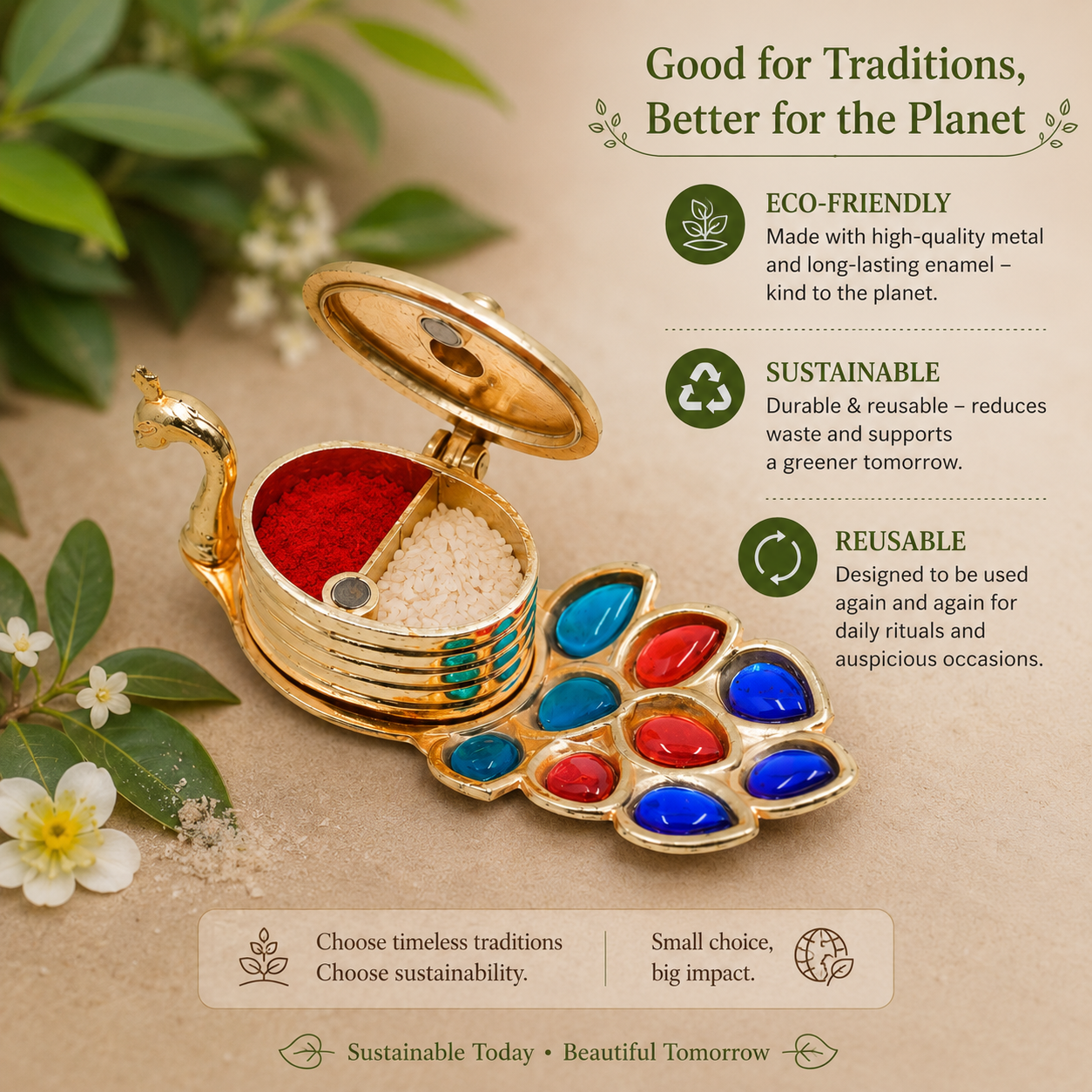 Mayura Peacock Kumkum Box | 22K Gold Plated Brass