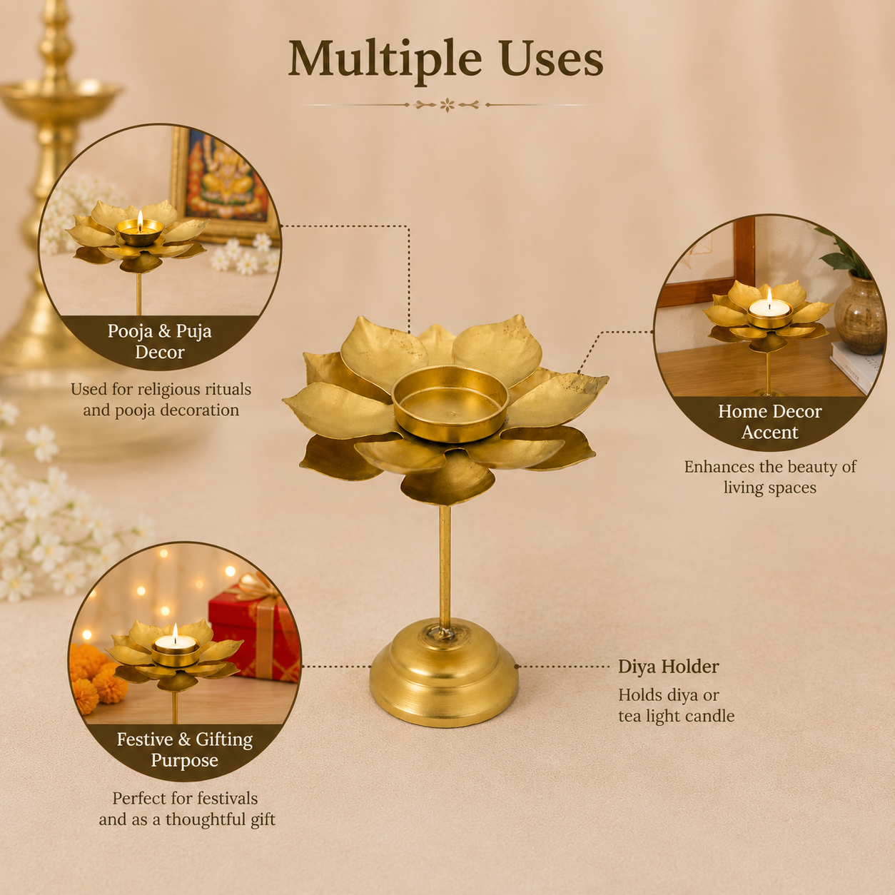 Lotus Tea Light Holder 22k Gold Plated