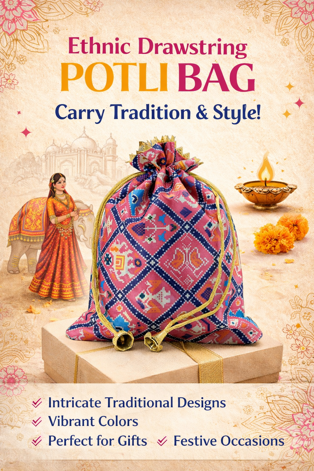 Women Ethnic Printed Potli Bag Drawstring Pouch Traditional