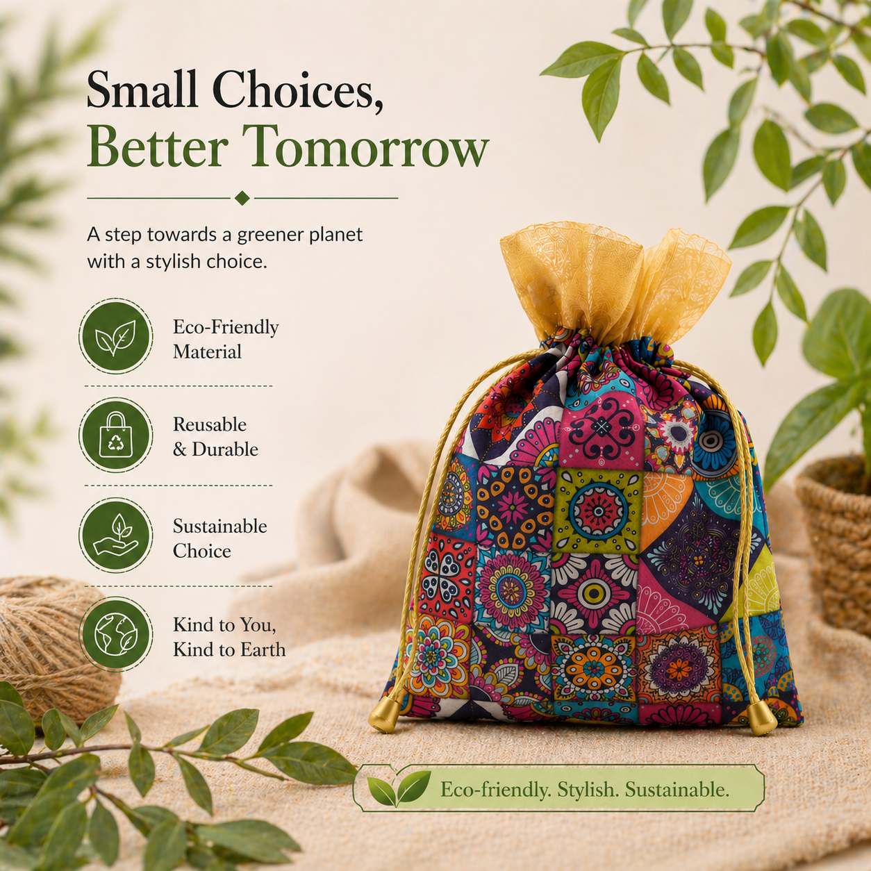 Artisan Mosaic Potlis - Curated Set of Festive Drawstring Bags