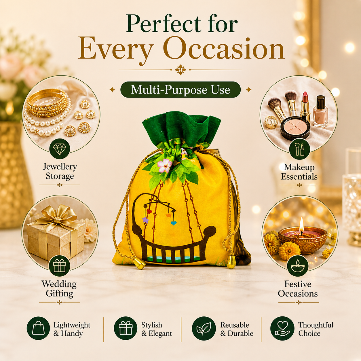 Vibrant Yellow Baby Shower Potli Bag Silk Ethnic Pouch with Cute Cradle Print