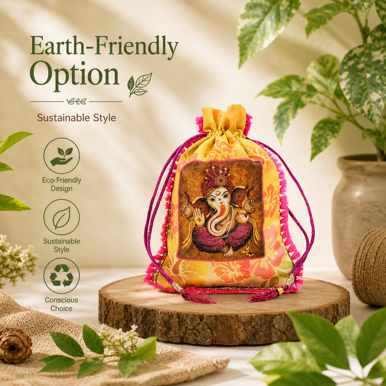 Divine Ganesha & Hibiscus Potli Bag is a Beautiful Blend of Spiritual Art