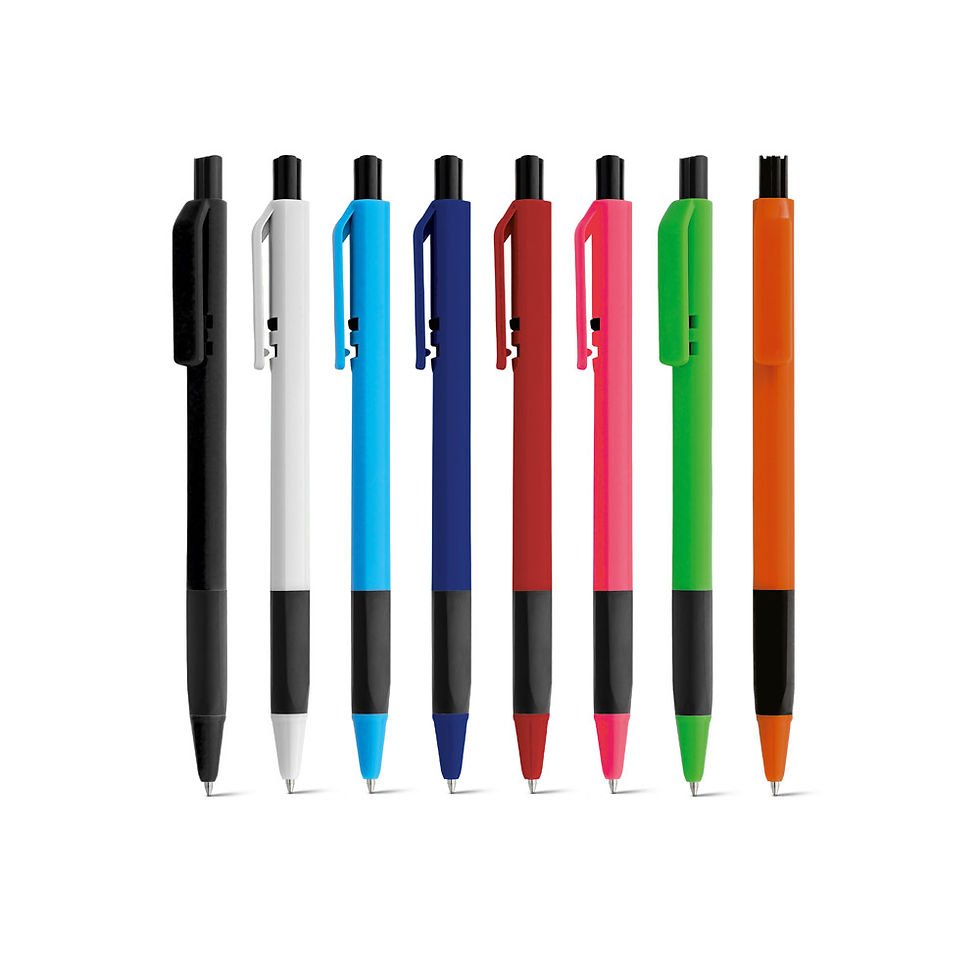 Caneta ROY triangular com grip e escrita azul.