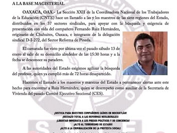 Confirman la desaparición de un maestro de la Sección 22 en Oaxaca