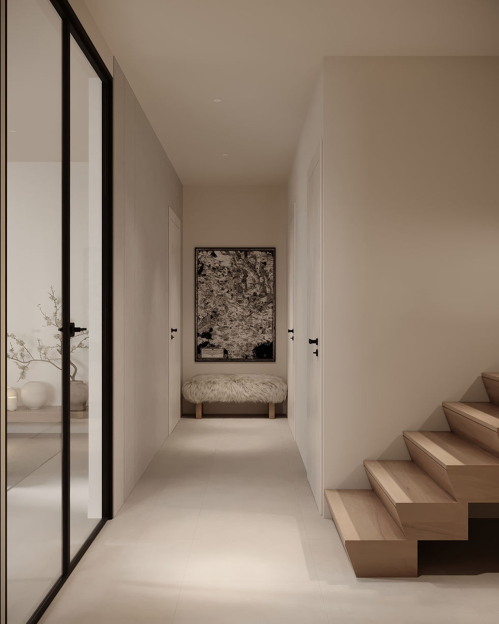 Interieurrender Hof van de Kerckhoek Kruibeke, elegante inkomhal met houten trap, glazen deur en warme afwerking