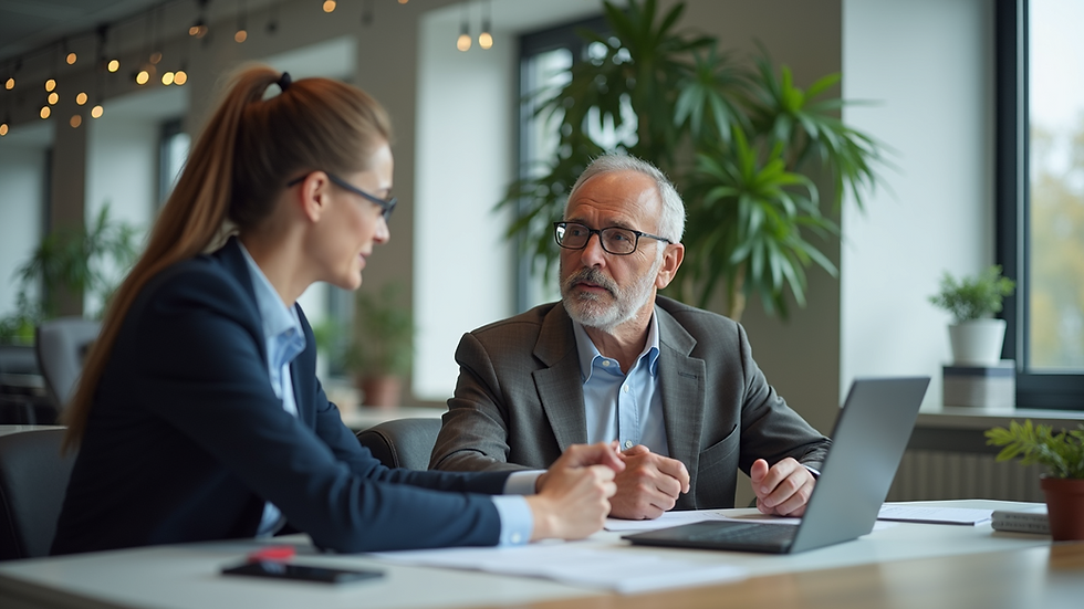 Eye-level view of a business coach engaging with a client in a modern office setting