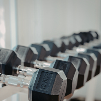 Rows of hex dumbbells on a rack