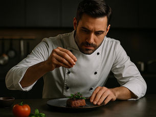 Chef finalizando prato com precisão, representando a gestão de resultados e tomada de decisões estratégicas