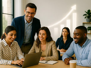 Equipe motivada trabalhando de forma colaborativa, representando engajamento e aumento de resultados nas empresas