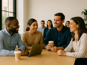 Equipe interagindo em ambiente descontraído de trabalho, representando motivação e engajamento no dia a dia