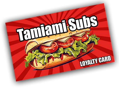 Tamiami Subs Loyalty sub card with clipart sub and Tamiami Subs logo