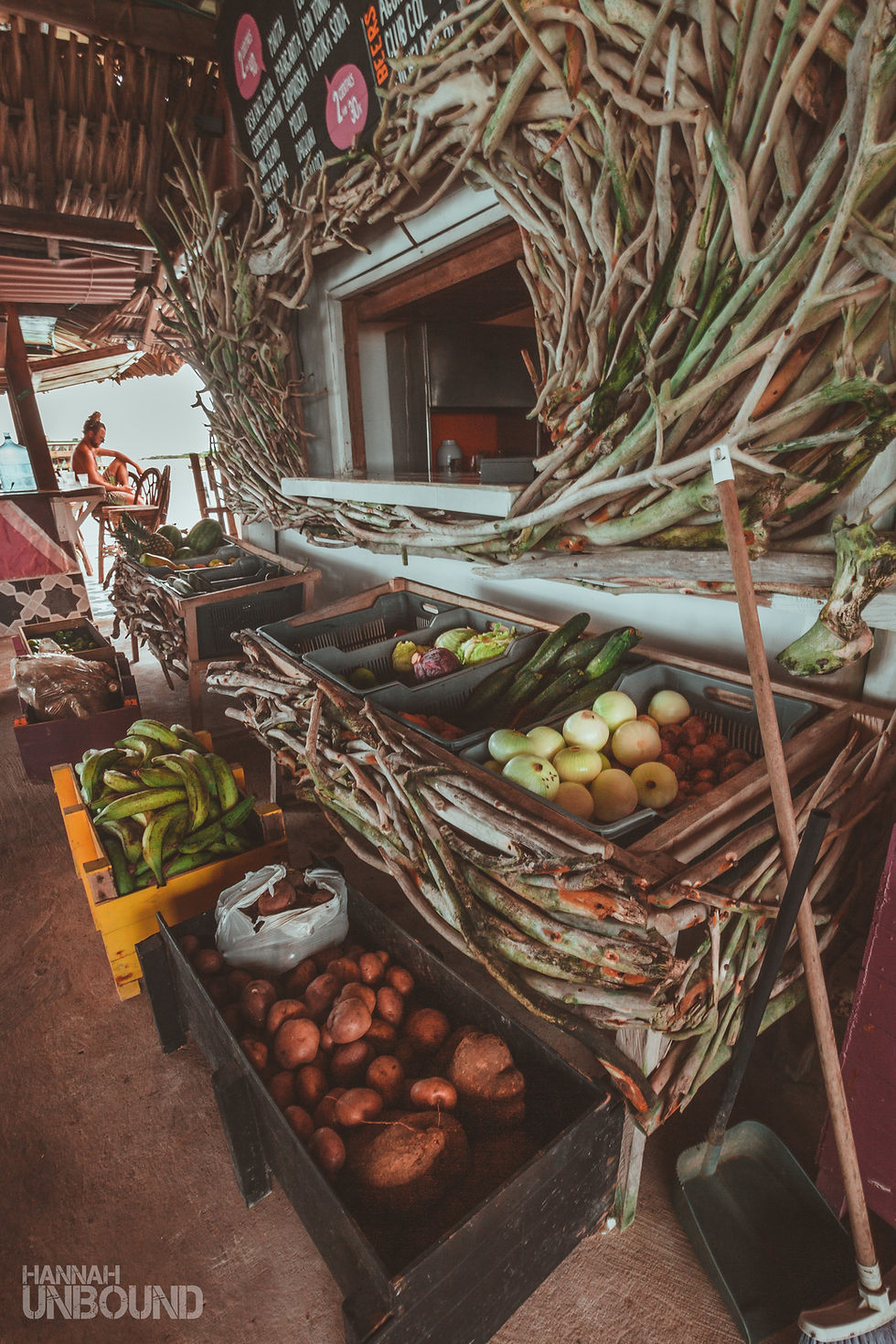 Crates of fruits and vegetables eaten on the Casa en el Agua eco hostel