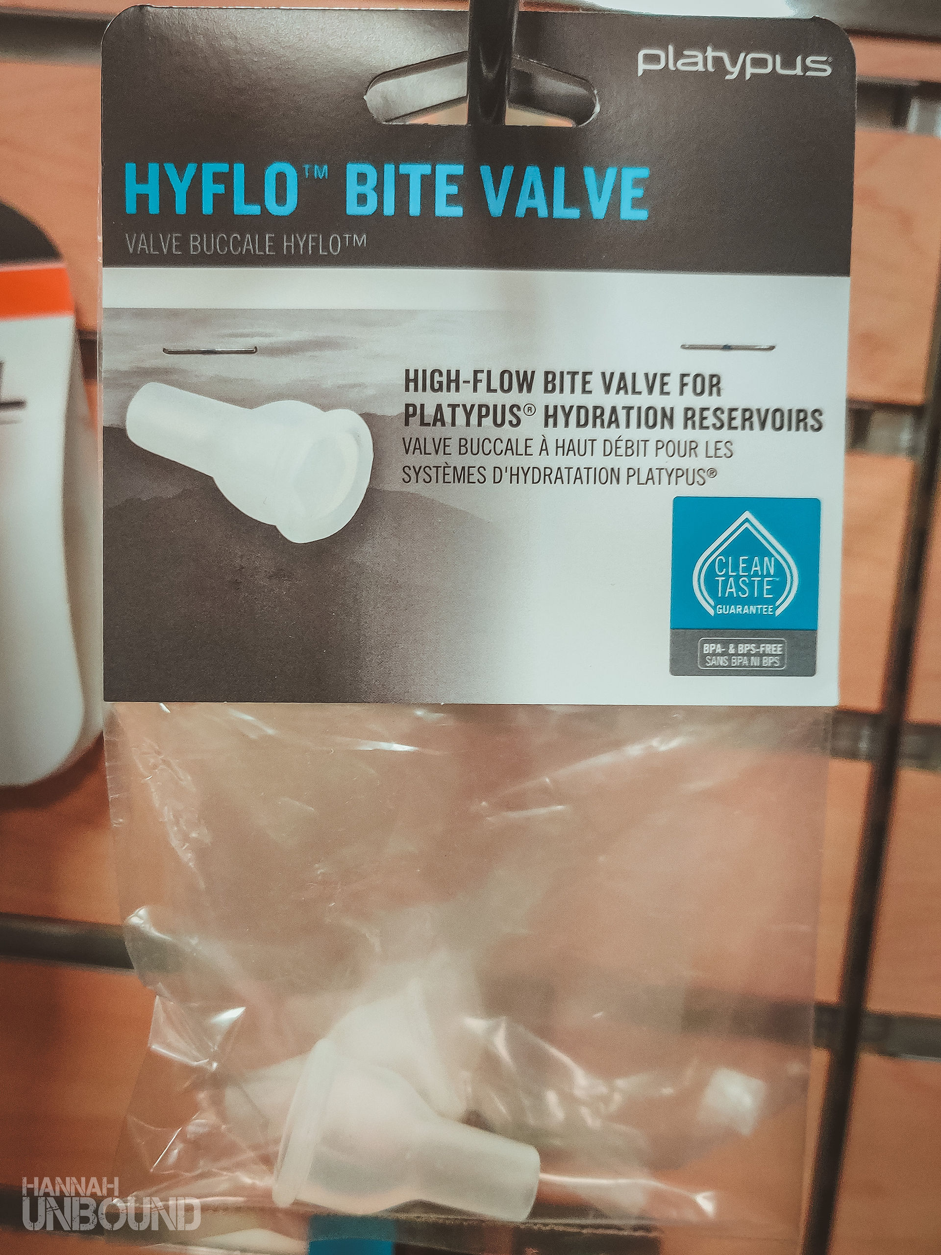 A Platypus bite valve piece at an outdoor gear shop in Colorado