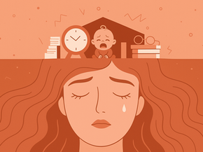 Uma ilustração em tons terrosos mostra uma mulher de olhos fechados, expressão cansada e uma lágrima escorrendo pelo rosto. Acima de sua cabeça, dentro de uma casa simbólica, há um bebê chorando, um relógio e uma pilha de livros com óculos apoiados, representando a sobrecarga e a exaustão feminina.