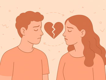 Ilustração digital em tons claros de pêssego mostra duas pessoas com expressão triste, separadas por um coração partido, simbolizando repetição de padrões afetivos.