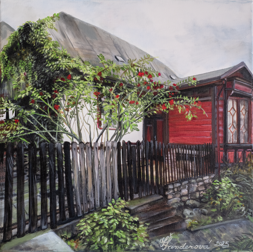 Chaloupka s růžemi, 40x40 cm