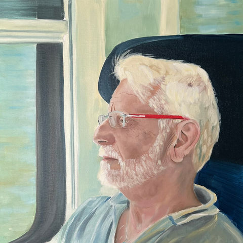 Muž ve vlaku 2. Malba olejem od Lenky Kanalošové.